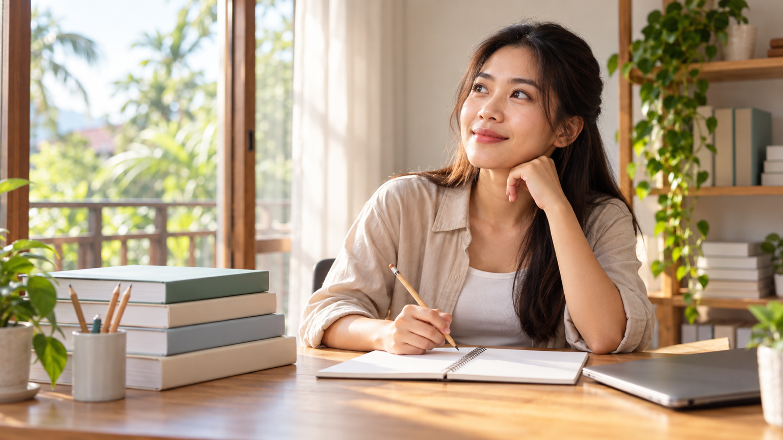 ผู้สมัครเตรียมตัวสอบครูผู้ช่วย สพฐ. ปี 2569 ที่โต๊ะอ่านหนังสือพร้อมสมุดและอุปกรณ์การเรียน